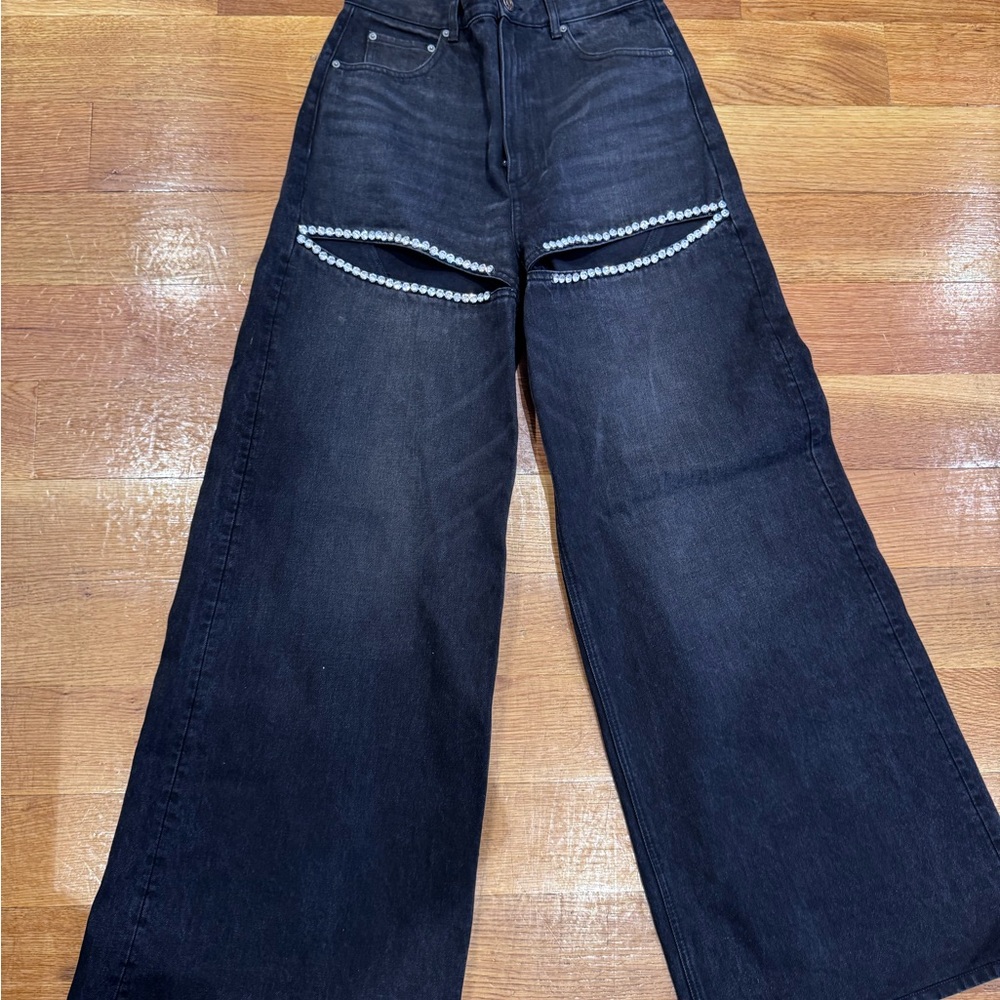 Black Wide-Leg Area Jeans with Stone Detailing - Picture 2 of 6